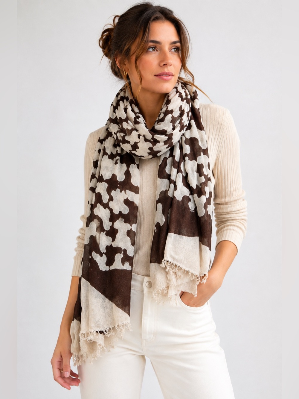 Brown Ivory Abstract Camo Print Boho OS Scarf Wrap Shawl Fringe Lightweight Fall